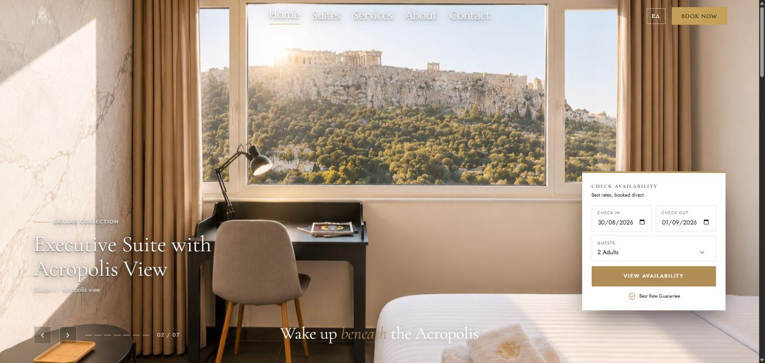 Η αρχική του Elite Ermou Suites: σουίτα με θέα στην Ακρόπολη και το πάνελ αναζήτησης διαθεσιμότητας.